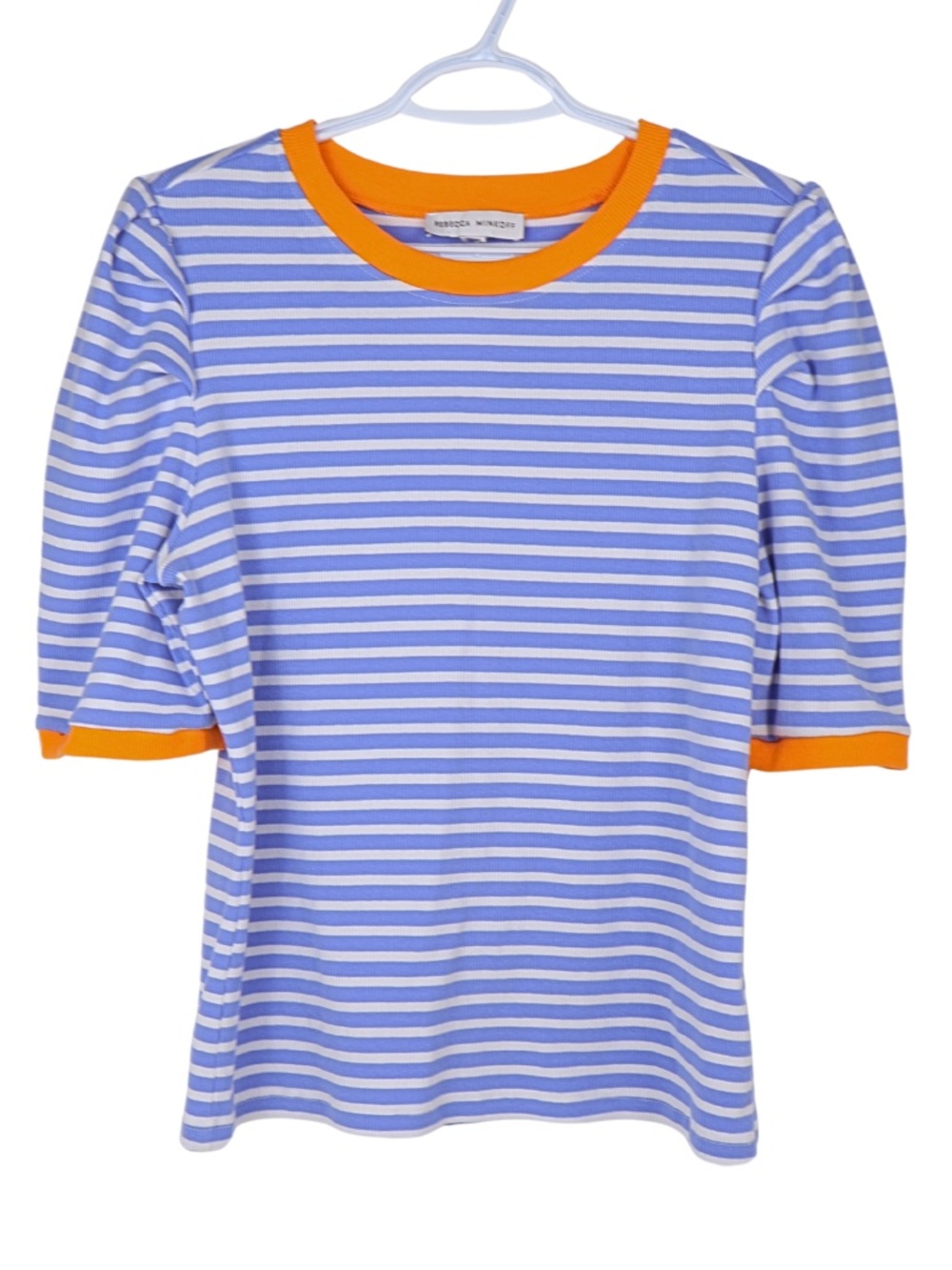 Rebecca Minkoff Blue White Striped Top Orange Trim Puff Sleeve Size Unknown